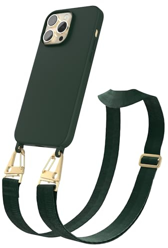 EAZY CASE - Handykette Silikon mit Karabiner - kompatibel mit iPhone 14 Pro Max Handyhülle mit breitem Umhängeband, Handykordel mit Silikon, Hülle, Kette für Smartphone, Pinien Grün - Glänzend Gold