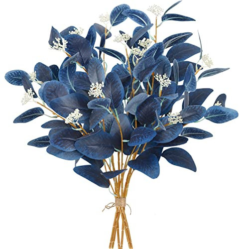 UXORSN 6PCS Artificial Eucalyptus Stems Leaves Blue Faux Eucalyptus Plant Spray Greenery Stem Branches with Seeds Silver Dollar Foliage for Wedding Vase Flower Arrangement Party Decor