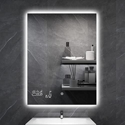 byecold LED Badspiegel Antibeschlag 60x80CM, Badezimmerspiegel Wandspiegel Lichtspiegel mit Touchschalter, WiFi Wetterstation & Datum, Smart Mirror, Vertikal