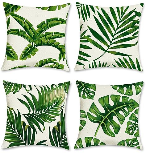Bonhause 4er Set Kissenbezüge Tropische Blätter 40 x 40 cm Palmblätter Pflanze Polyester Leinen Dekorative Kissenhülle Grün Zierkissenbezüge für Garten Outdoor Wohnzimmer Zuhause Dekoration