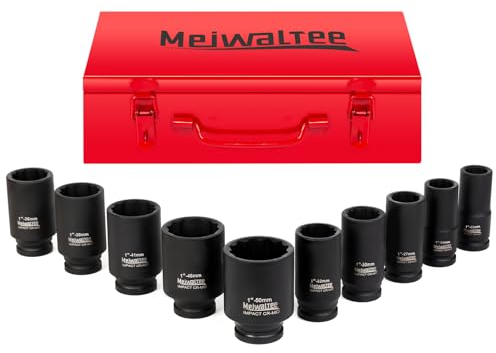 Meiwaltee 1 Schlagschrauber Nüsse Set | 90MM Tief | 10 -Teiliger Jumbo - Sortiment Tief Schlagschraubereinsatz Metrischer Größen 22-50MM | 12 Punkte Design | Metallkoffer | Cr-Mo Stahl.