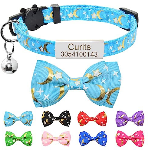 Senristar Personalisiertes Katzenhalsband mit Namensschild & Glocke, Stern-Mond-Design, Polyester, Breakaway Verschluss, Für alle Katzengrößen, Himmelblau, Gepunktet, Stern und Mond Charms