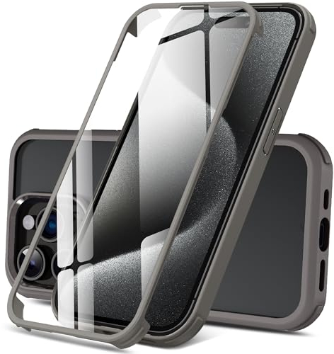 DOSNTO Double Sided Clear Case for iPhone 15 Pro Max (6.7''), Front and Back Full Body 360 Shockproof Drop Protection Phone Case Built-in Tempered Glass Screen Protector Rugged Phone Cover, Grey