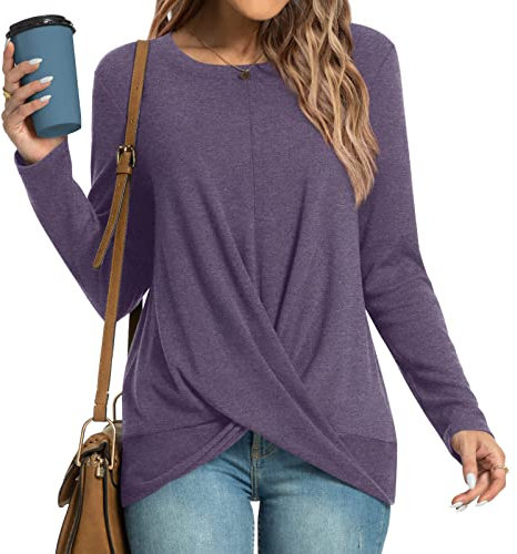 HOTGIFT Women's Halloween Autumn Casual Tunics Long Sleeve T-Shirts Front Twist Tee Tops Purple Large