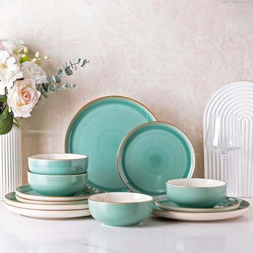 GBHOME Juego de vajilla de cerámica, juego de vajilla de cerámica azul zafiro de 12 piezas, juegos de platos y cuencos, apto para lavavajillas y microondas | Servicio para 4, GDW073LG