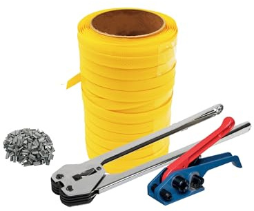 Trojan Economy Pallet Strapping Tools Banding Starter Kit - Contains Strapping Tensioner, Sealer, 100m Yellow Polypropylene Plastic Strapping & 50 Semi Open Strapping Seals