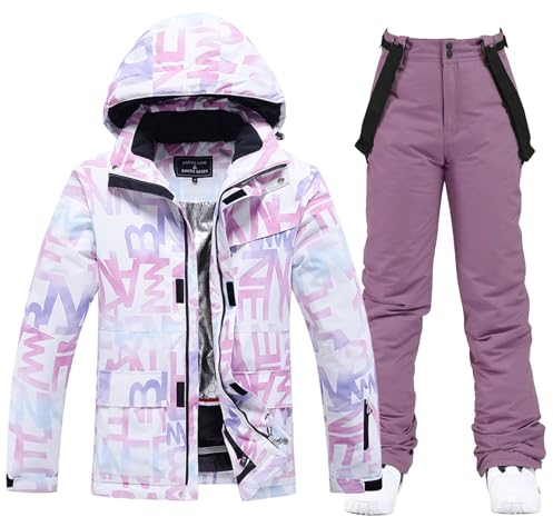 ALSOGO Damen Skijacke & Skihose Set Skianzug 2 teilig Schneeanzug 10.000mm Wasserdicht Schneejacke Winddichte Schneehose mit Abnehmbare Kapuzen Trägern zum Skifahren Snowboarden TY304 Lila M