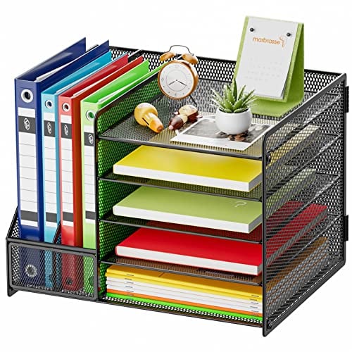 Marbrasse Schreibtisch Organizer mit Aktenhalter,5stöckig Papier-Briefablage,Netz-Schreibtisch-Organizer Aufbewahrung mit Zeitschriftenhalter für Bürobedarf(Schwarz no Schublade)