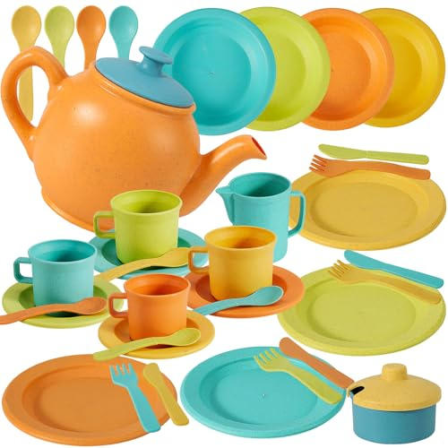 Buyger Kids Kitchen Accessories and Tea Set for Toddlers 3-5, Play Kitchen Toy Dish Plates Utensils Dinnerware Set Pretend Role Play Gifts for Ages 3 4 5 Years Olds Children Boys Girls