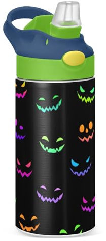 Bright Cat Faces - Botella de agua para niños con pajilla, botella de agua aislada de acero inoxidable para niños y niñas, escuela, 350 ml, a prueba de fugas, botella de agua fría y caliente