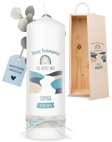 AMARI ® Kommunionkerze personalisiert Glaubensweg (002.08.08) H:25cm/⌀:8cm - Kerze Kommunion - Kommunionkerze Junge/Mädchen - Kommunionkerze selbst gestalten - Kommunionkerze personalisiert