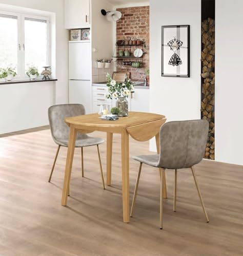 Hallowood Furniture Ledbury Extendable Oak Dining Table and Chairs Set 2 | Light Oak Wooden Round Drop Leaf Table and Chairs Set 2 in Taupe Leather Effect Upholstery, Dining Room Sets for Home or Cafe