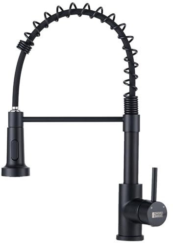 Warmiehomy Kitchen Tap Spring Kitchen Sink Tap with Pull Out Spray,360° Swivel High Arc Single Handle 1 Hole Stainless Steel Kitchen Sink Mixer Tap,Black