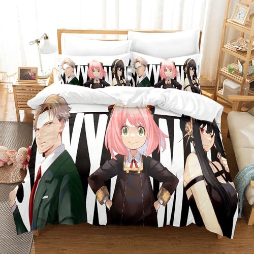 Baumwoll-Bettwäsche-Set SPY×Family Mit Reißverschluss, Atmungsaktiv, Weich, Luxuriöser Bettbezug, Bettwäsche + 2 Kissenbezüge, 50 X 75 cm, Für Die Ganze Saison (135x200cm,Anya 03)