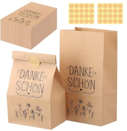 Yamitora 30 Dankeschön Geschenktüten, 13 x 24 cm Geschenk Kraftpapiertüten mit 40 Danke Aufkleber für Hochzeit, Gastgeschenke, Mitgebsel, Giveaways, Taufe, Konfirmation Kommunion