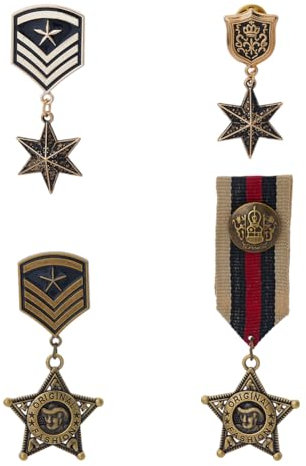SUPERFINDINGS 4 Stück 4 Stile Vintage Militärmedaillen Geometrischer Stern Metallmedaille Abzeichen Uniform Kostümzubehör Mit Epauletten Und Bändern Für Armee Soldatenmantel