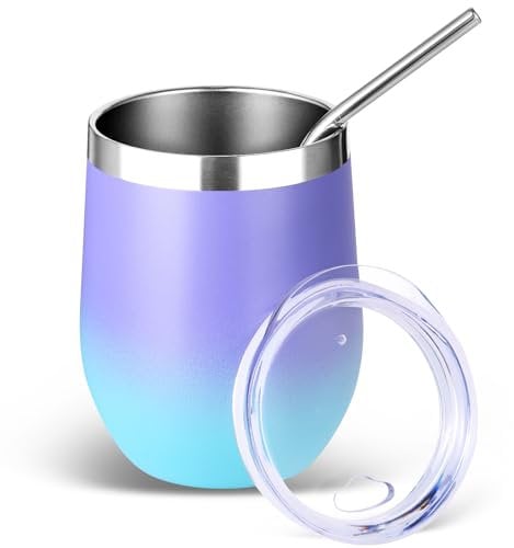 Volhoply 12oz Stainless Steel Wine Tumbler with Lid and Straw,350ml Double Wall Vacuum Insulated Stemless Wine Glasses,Travel Coffee Mug for Cold Drinks,Tumblers Gifts for Women(Purple Bule,1 Set)