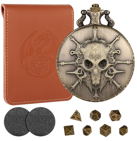 Mini DND Würfel Set mit Bronzefarbenen Steampunk Warlock Taschenuhrgehäuse, DND Geschenke mit Lederbeutel, 7-teiliges Polyedrisches Metall D&D Würfel Set, D&D Rollenspiel-Brettspiel Zubehör Würfel