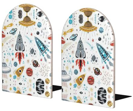 1 paire de serre-livres en bois avec motif fusées de dessin animé, serre-livres pour étagères, serre-livres très résistants pour bureau, maison