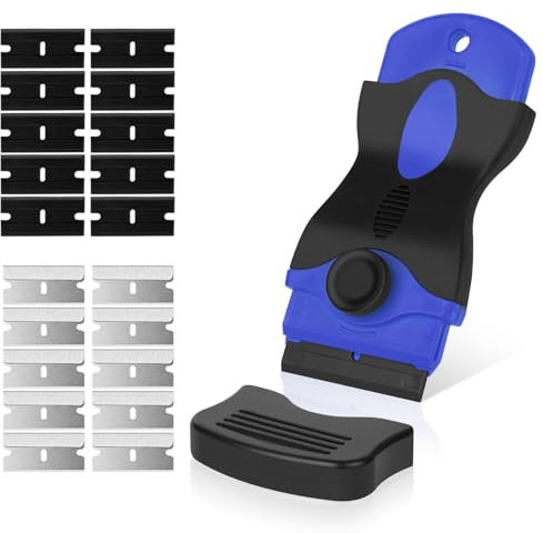 Flintronic Raspador Vitroceramica, 1 Rasqueta Multiusos Profesional con 20 Cuchillas para Ventanas, Espejos, Azulejos Limpieza (Azul)