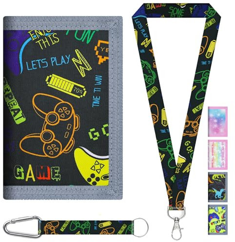 AUNGCSHE Kinder Portemonnaie Jungen, Schwarze Spielekonsole Brieftasche Kinder Alter 4-12 Trifold Brieftasche Kleine mit Schlüsselband Kinder, mit Schlüsselband Kinder, Weihnachten Geburtstag