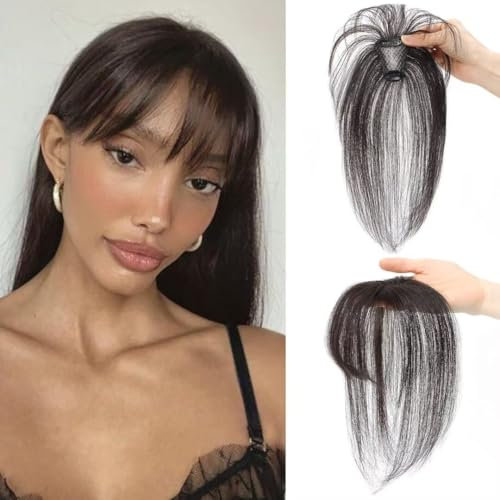 Pony Haarteil, Clip in Pony Echthaar, Haarteil Mit Klammer, One Piece Pony Haarteil Echthaar Haarteil Pony Clip Fringe Clip in Human Hair Verlängerung für Frauen,Schwarzbraun