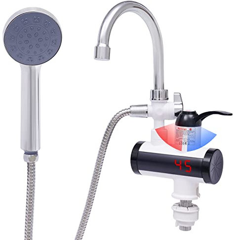 Elektrischer Wasserhahn mit LED Temperaturanzeige 3300W Schnellheizung 30-60°C stufenlos einstellbar 360° drehbar Edelstahl ABS für Haus Hotel