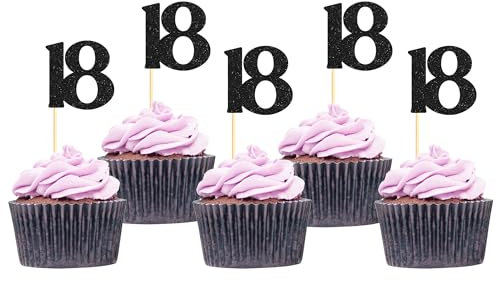 Sotpot 30 Pack Happy 18th Cupcake Toppers 18 Birthday Cake Decorations for 18th Birthday Wedding Anniversary Party Supplies Black Glitter
