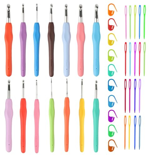 Juego de 14 agujas de ganchillo ergonómicas, juego de 14 ganchos de metal de 14 tamaños con asas de colores para principiantes (2 mm a 10 mm), con 100 agujas de plástico, 20 agujas de tejer