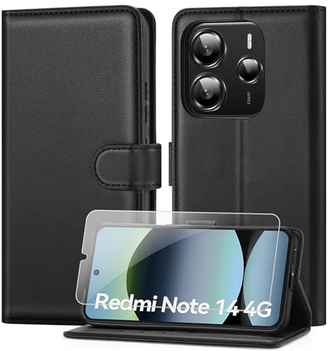 ivencase Coque pour Xiaomi Redmi Note 14 4G avec Verre Trempé, Noir | étui Cuir PU Magnétique, Pochette de Portefeuille, Fonction Stand Video, Porte Carte Credit, Rabat Housse