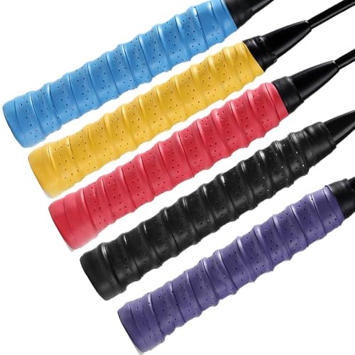 HDXH 5pcs Badminton Racket Grip Tape Anti Slip Overgrip,PU Racquet Grip Rackets Overgrip Anti Slip Perforated Super Absorbent Grips For Tennis rackets,Badminton rackets etc（Five colors）