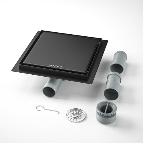Bernkot Bodenablauf Dusche Edelstahl,20cm 2in1 Befliesbar Duschrinne Duadratisch mit 360°Siphon,Aufgerüstete abbaubare und reinigbare Wasserabdichtung und Haarfilter,2 Ablaufadapter DN50 DN40, Schwarz