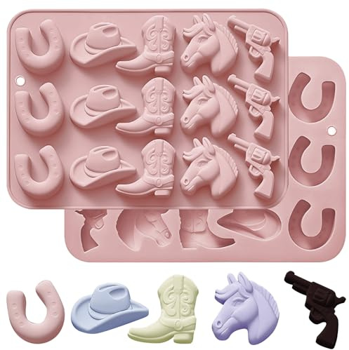 2Pcs Cowboy Chocolate Mold Double Powder, Candy Molds Western Themed Party for Ice Cube Cupcake Decorations, Clay Baking Moulds Silicone Hat Boot Horse Saddle Shape