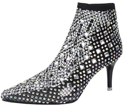 Generisch Eleganti stivali da donna alla caviglia con tacco fine, con strass alla moda, inserti elastici per un comfort elegante, look alla moda, Nero , 37 EU