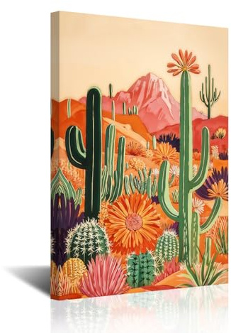 CXHOSTENT Cactus Canvas Wall Art Mexican Picture Tropical Desert Botanical Print Succulent Floral Painting Colorful Southwestern Rustic Wall Decor Framed (Beige, 18L x 12W)