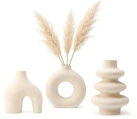 Weiße Keramikvase 3er Set, Kleine Vase für Pampasgras & Trockenblumen | Moderne Boho Deko Vasen aus Keramik, Minimalistische Tischdeko für Wohnzimmer, Hochzeit & Büro
