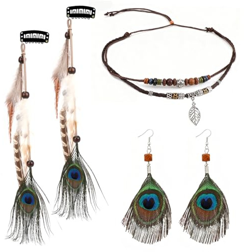 MWOOT Feder Haarschmuck Clip, Indianer Feder Haarverlängerungen Damen, Blatt Anhänger Holzperlen Halskette, Pfauenfeder-Ohrringe, Boho Stammes-Schmuck für Frauen Karneval Cosplay Tribal Kostüm Party