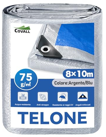 Covall Lona Impermeable Exterior Cover Ligera 75g/m²-8 X 10m Plata ＆ Azul Suelo Reforzado con Ojales Resistentes a Agua - Viento protección UV Ideal para Coche camión RV casa Tienda Barco Piscina.