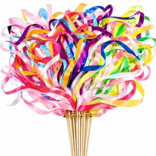 Wedding Wands mit Glöckchen, ZoneYan 20 Stück Bunt Hochzeitsbändern, Bandstäbe Hochzeit, Seidenfeenstab, Zauberstäbe Hochzeit Luftschlangen für Hochzeiten Geburtstage Partys (Mehrfarbig)