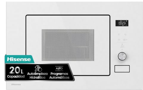 Hisense BIM320G52WG - Microondas integrable, 20L, Fondo 35cm, Autolimpieza Hidrolítica, Programas Automáticos, Cocción Multietapa, Descongelado por Tiempo y Peso, Cristal Blanco