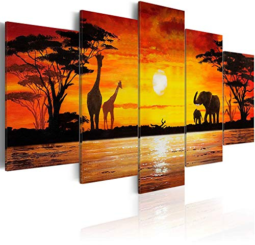 B&D XXL HandArt Bilder auf Leinwand Afrika 5 tlg Leinwandbild Wandbilder Wohnzimmer Wanddekoration Moderne Kunst - Savanne Sonnenuntergang Giraffe Elefanten 5730
