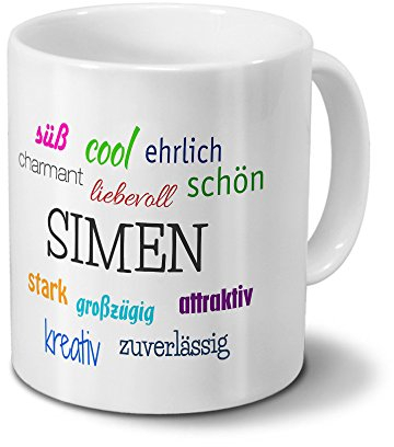 printplanet Tasse mit Namen Simen - Motiv Positive Eigenschaften - Namenstasse, Kaffeebecher, Mug, Becher, Kaffeetasse - Farbe Weiß