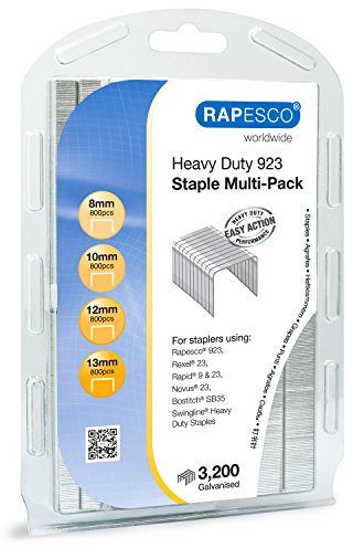 Rapesco 1246 Sortierte Typ 923 Verzinkte Hochleistungsklammern, 8, 10, 12 und 13 mm, Packung mit 3200 Heftklammern