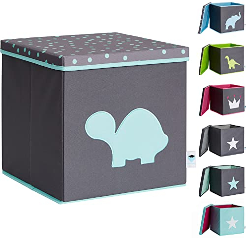 LOVE IT STORE IT Aufbewahrungsbox mit Deckel - Kallax Boxen aus Stoff - Verstärkt mit Holz -Quadratisch, stabil - Grau mit türkiser Schildkröte - 33x33x33 cm