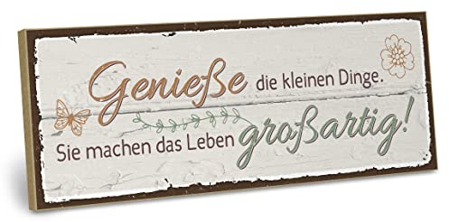 ARTFAVES® Wandbild Holzschild mit Spruch - GENIESSE DIE KLEINEN DINGE - Türschild Retro Vintage Deko Bild Geschenk - Glücklichsein, Achtsamkeit