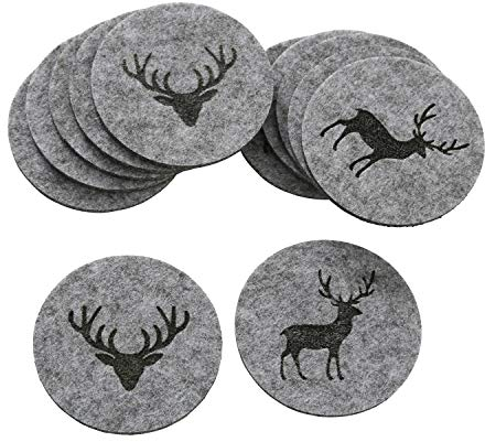 LS-LebenStil 6X Filz-Untersetzer Hirsch Grau Rund 10cm Glasuntersetzer Getränkeuntersetzer Tassen Bar-Deko