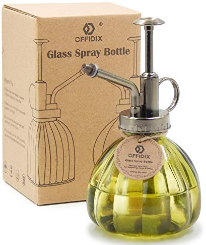 OFFIDIX Glas-Bewässerungssprühflasche, 16,3 cm hoch, Vintage-Stil, Spritzer mit bronzefarbener Kunststoff-Pumpe, Blumengießkanne für Zuhause oder Büro, Olivgrün