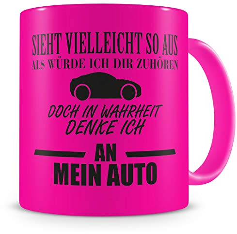 Samunshi® Auto Tasse mit Spruch Geschenk für Mann Frau Oma oder Opa Kaffeetasse groß Lustige Tassen zum Geburtstag neon pink 300ml
