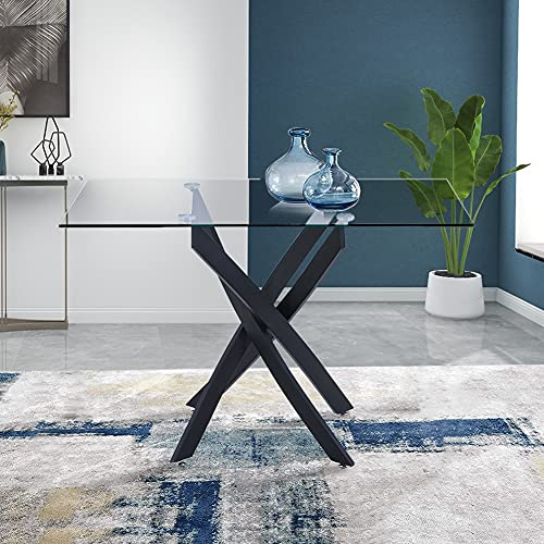 GOLDFAN Table en Verre Trempé Salle à Manger de Cuisine Moderne, Une Table à Manger Noir pour 4 Personnes,110 cm, Noire