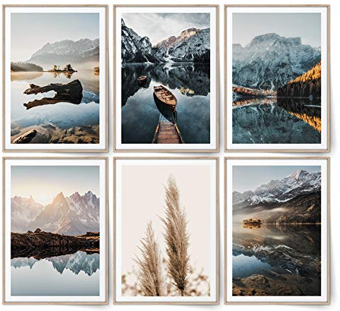 BLCKART Infinity Dreamy Mountains Bilder Set Stilvolle Beidseitige Schilf Poster Berge Wohnzimmer Skandinavische Deko (M | 6x A4 | 21 x 29,7 cm | ohne Rahmen, DREAMY MOUNTAINS | PAMPAS)